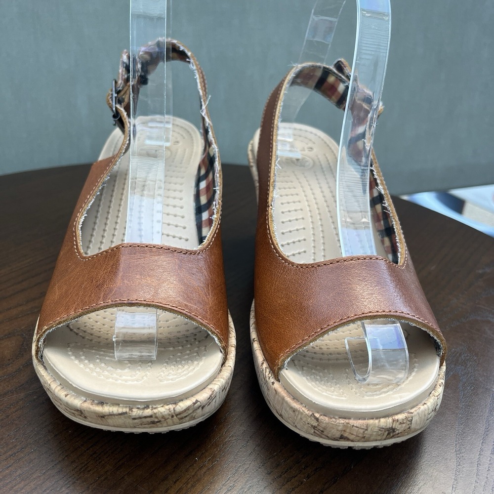 Crocs A Leigh Sandals Women's Size 8 Tan Brown Leather Cork Platform Wedge Shoes - Picture 4 of 16